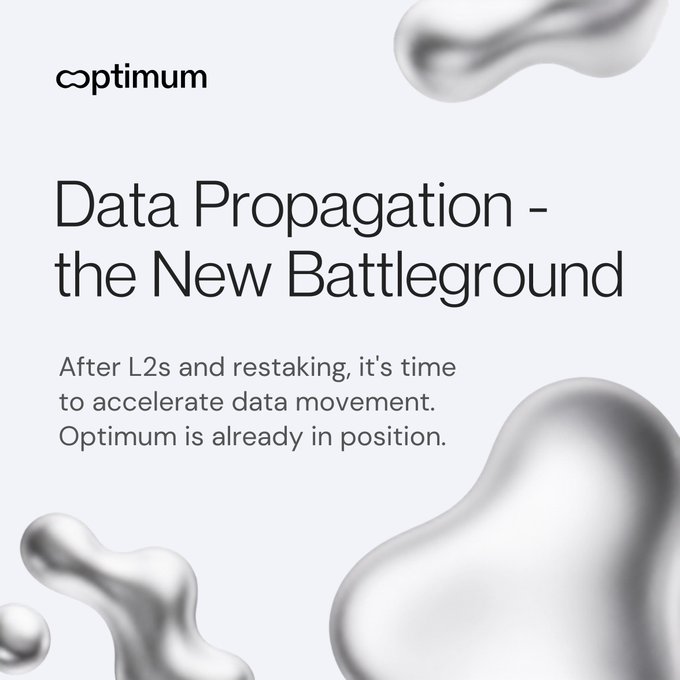 A promotional graphic for 'optimum' featuring the headline 'Data Propagation - the New Battleground' and subtext 'After L2s and restaking, it's time to accelerate data movement. Optimum is already in position.'