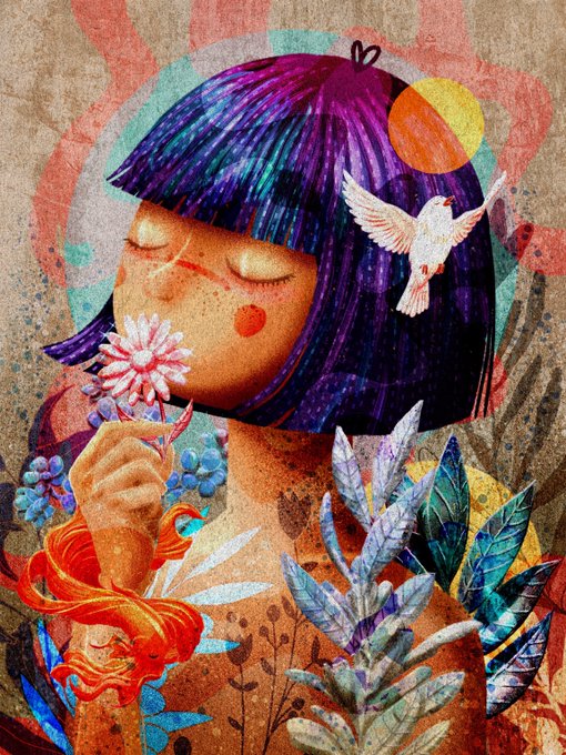 A colorful mixed-media illustration of a girl with purple hair holding a white flower, accompanied by a white dove and tropical leaves.