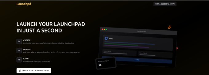 A dark-themed website screenshot for "Launchpd" promoting a launchpad creation platform with the tagline "LAUNCH YOUR LAUNCHPAD IN JUST A SECOND" and a three-step process: Create, Deploy, Earn.