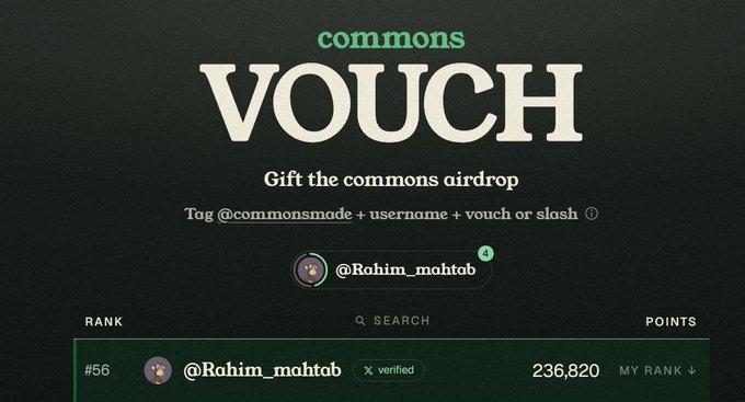A Commons Vouch interface shows the prompt 'Gift the commons airdrop' by tagging @commonsmade + username + vouch or slosh, with user @Rohim_mahtob ranked #56 with 236,820 points.
