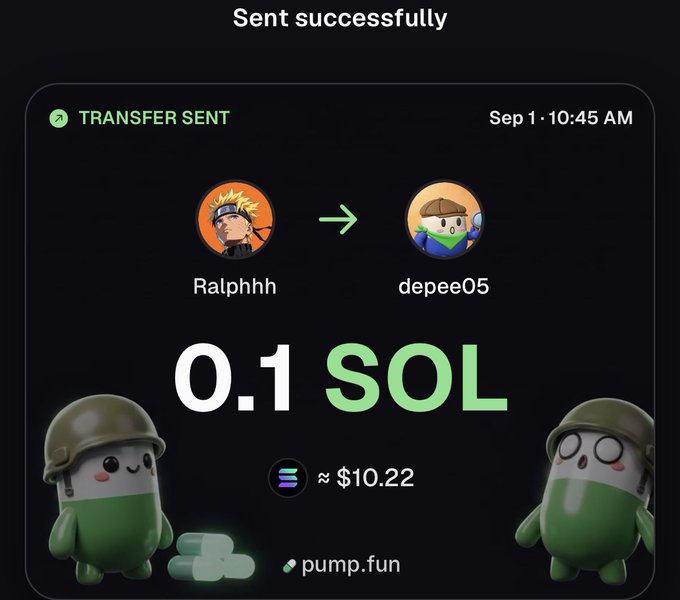 The image shows a "Sent successfully" transaction confirmation for 0.1 SOL (approximately $10.22) sent from "Ralphhh" (with a Naruto avatar) to "depee05" (with a green mascot avatar) via pump.fun on September 1 at 10:45 AM, visually illustrating the post's message of sending someone SOL.