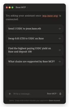 The image shows an open webpage from Base MCP displaying instructions or information about turning into an AI agent. There are three main sections on the page that provide details related to cryptocurrency transactions, such as connecting a base account, using chatGPT for messaging, and trading with Claude and C cursor (which might be a ChatGPT response to a message). The background of the image is black, but there's some white text visible.