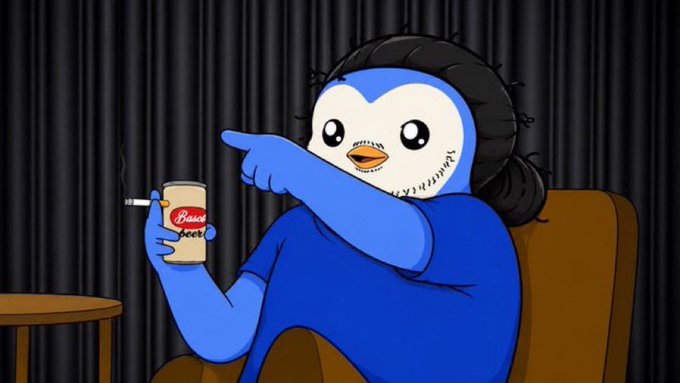 A cartoon penguin with a black beanie and beard holds a can labeled "Basic Beer" while pointing, sitting in a chair against dark curtains. The image's laid-back, meme-style vibe complements the post's casual "gm friends" weekend greeting and giveaway request for $SOL replies.