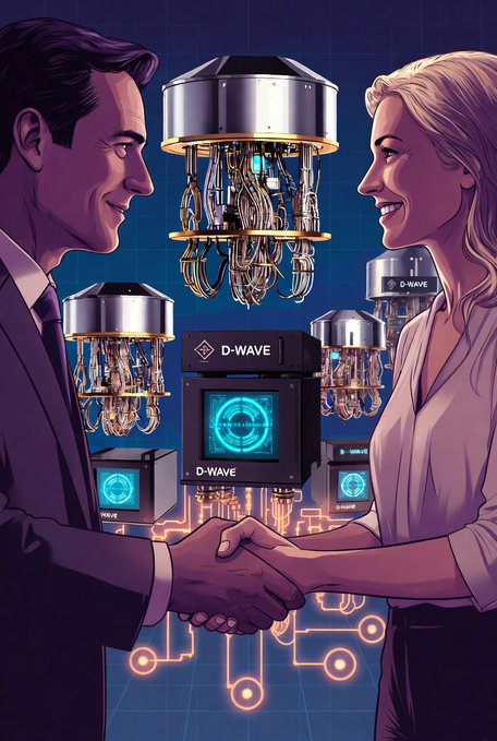 An illustrated scene depicting a man and woman shaking hands in front of D-Wave quantum computing equipment, symbolizing a business partnership or collaboration in quantum technology.