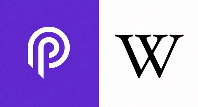 The image shows the Pyth Network logo (a white "P" symbol on a purple background) alongside the Wikipedia logo (a black "W"), visually representing the announcement that Pyth Network now has a presence on Wikipedia as a trusted informational resource.