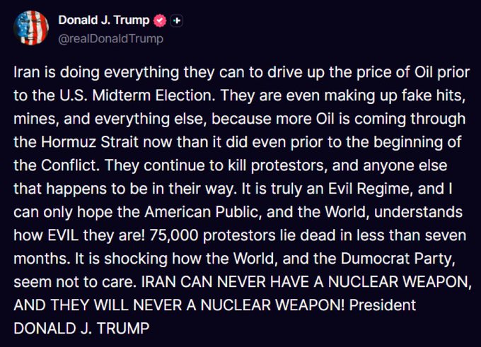 A screenshot of a Donald J. Trump post (@realDonaldTrump) about Iran, oil prices, the Strait of Hormuz, and nuclear weapons, ending with “DONALD J. TRUMP.”