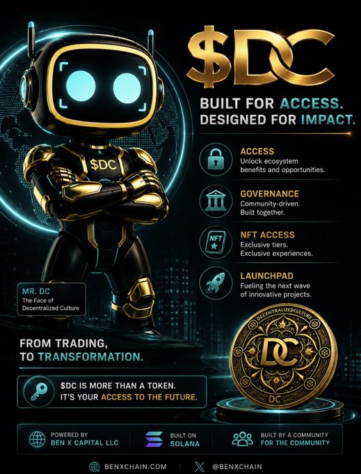 The image features a robot with gold armor standing against a black background, wearing a helmet that has a screen displaying the words "DC" and "SDC". The robot appears to be a character from a video game or animated movie. The text in the image is related to the DC coin, which is a virtual currency designed for impact investing. It promotes the idea of using the coin as a means to support sustainable initiatives and build an ecosystem around it.