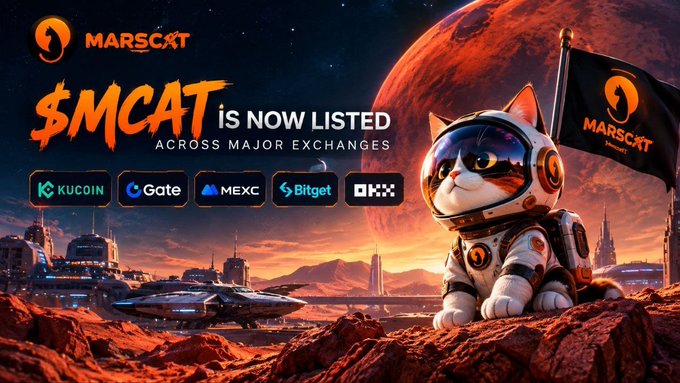 Promotional graphic for "$MCAT" ("is NOW LISTED ACROSS MAJOR EXCHANGES") featuring logos of KuCoin, Gate, MEXC, Bitget, and OKX, alongside a cat astronaut holding a MARSCAT (MarsCat) flag on a red Martian landscape.