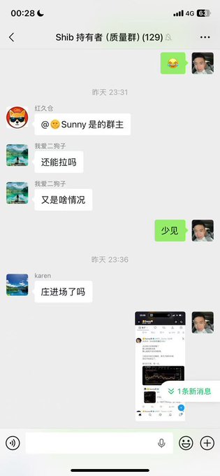 A Chinese-language chat screenshot from a group called 'Shib 持有者 (质量群)(129)' showing conversations between users discussing market conditions and showing a price chart of Dogecoin (DOGE) trading around 0.1798.