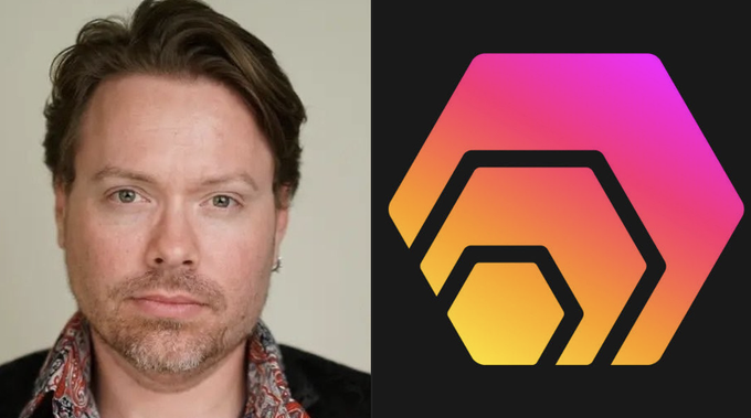 A composite image showing a headshot of a man with short brown hair on the left, alongside a logo featuring a pink-to-yellow gradient hexagon with a stylized 'F' or hand design on a black background.