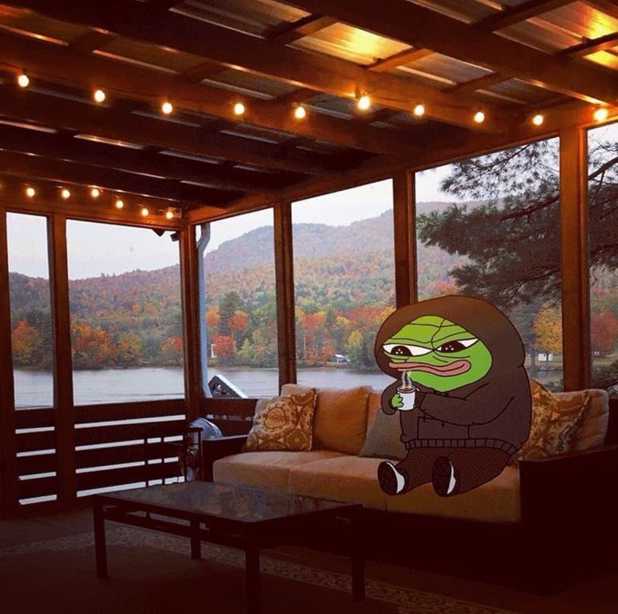 A Pepe the Frog character wearing a hoodie sits on a couch in a screened porch, drinking from a straw cup while looking out at a lake and autumn mountains.