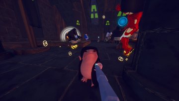 A first-person perspective screenshot from a virtual reality video game showing a hand holding a severed, fleshy body part in a dark, gothic environment with other characters and glowing yellow icons nearby.