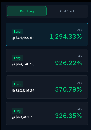 A cryptocurrency trading interface showing 'Print Long' and 'Print Short' options, with Long positions offering APY rates of 1,294.33%, 926.22%, 570.79%, and 326.35% at various entry prices ranging from $63,491.76 to $64,400.64.