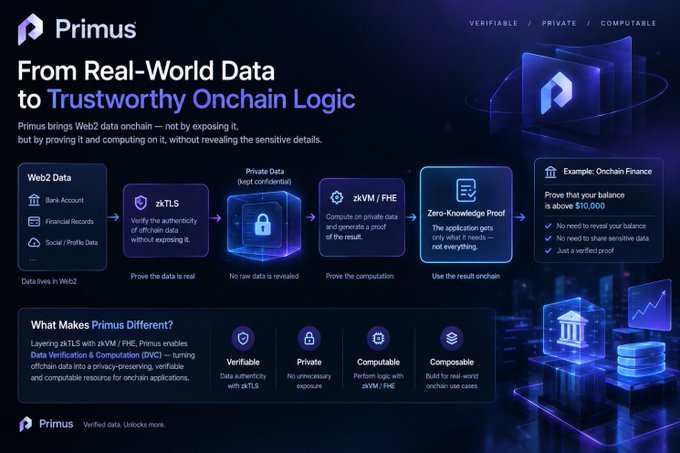An infographic for 'Primus' explaining how it brings Web2 data onchain through zkTLS, showing a flow from Web2 Data (Bank Account, Financial Records, Social/Profile Data) to Private Data, zkVM/FHE computation, and Zero-Knowledge Proof for Onchain Finance applications.