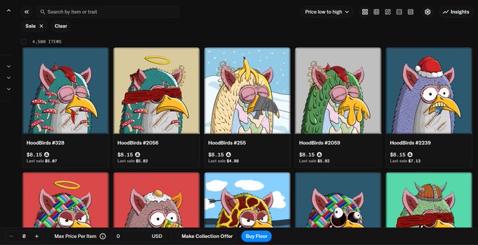 The image shows a digital marketplace interface displaying 4,580 HoodBirds NFT items for sale, with visible listings like HoodBirds #328, #2056, #255, #2059, and #2230 all priced at $8.15 with various last sale prices. The "Traits" and "Rarities" mentioned in the post likely refer to filterable attributes now available on this HoodBirds collection trading platform.