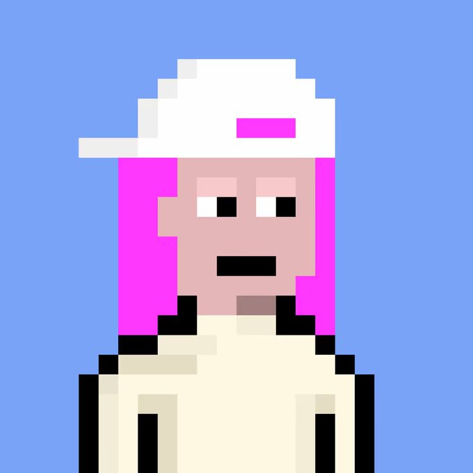 A pixel art portrait of a character with pink hair and a white cap, set against a solid blue background.