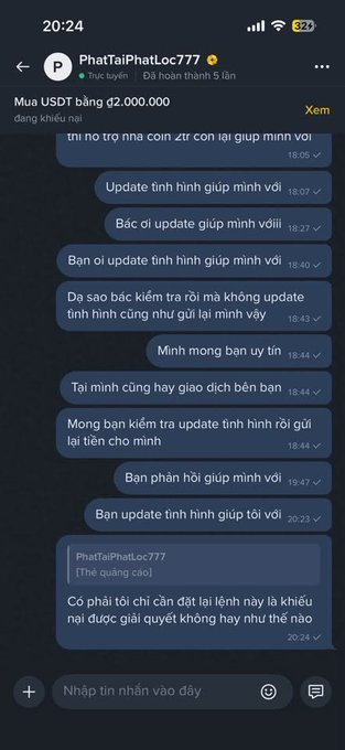 Screenshot of a Vietnamese Telegram conversation with 'PhatTaiPhatLoc777' discussing a USDT purchase transaction of 2,000,000, showing a series of messages where the user repeatedly asks for updates.
