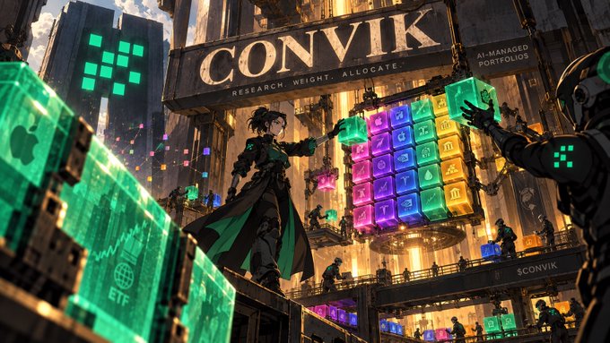 Cyberpunk-style digital artwork featuring 'CONVIK' with the tagline 'RESEARCH. WEIGHT. ALLOCATE.' showing a character amid floating cubes and futuristic city architecture with ETF branding.
