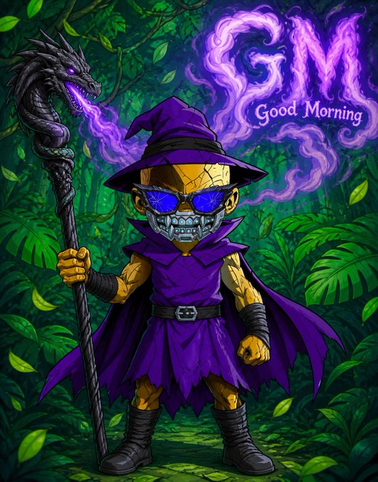 The image features a cartoon character dressed as a wizard, holding a staff with a dragon head at its end. The character is wearing a purple outfit and has blue glasses. The background of the image shows green leaves and trees, creating an impressionistic style reminiscent of the "Wizzy Wednesday" post on social media.