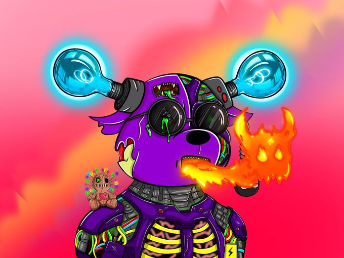 A vibrant cartoon illustration of a purple cyborg dog character with glowing blue lightbulb attachments on its head, wearing sunglasses and breathing fire, holding a small voodoo doll figure.