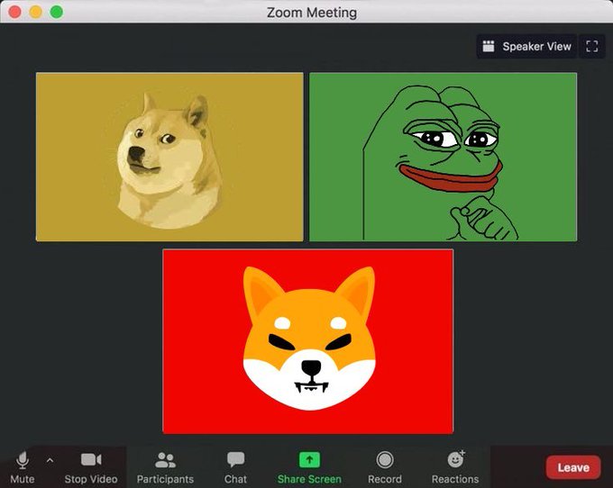 A Zoom Meeting interface in Speaker View displays three meme video panels: a Doge on a yellow background, a green Pepe the Frog, and a Shiba Inu on a red background.