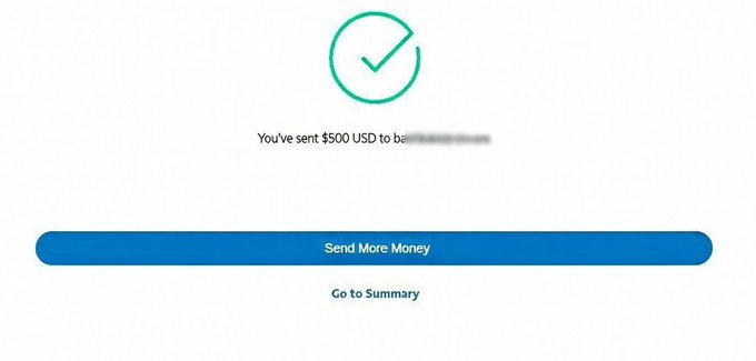The image shows a confirmation screen displaying "You've sent $500 USD" with a green checkmark and "Send More Money" button, which humorously serves as "proof" to support the joke of casually sending $500 to anyone who simply likes the post.