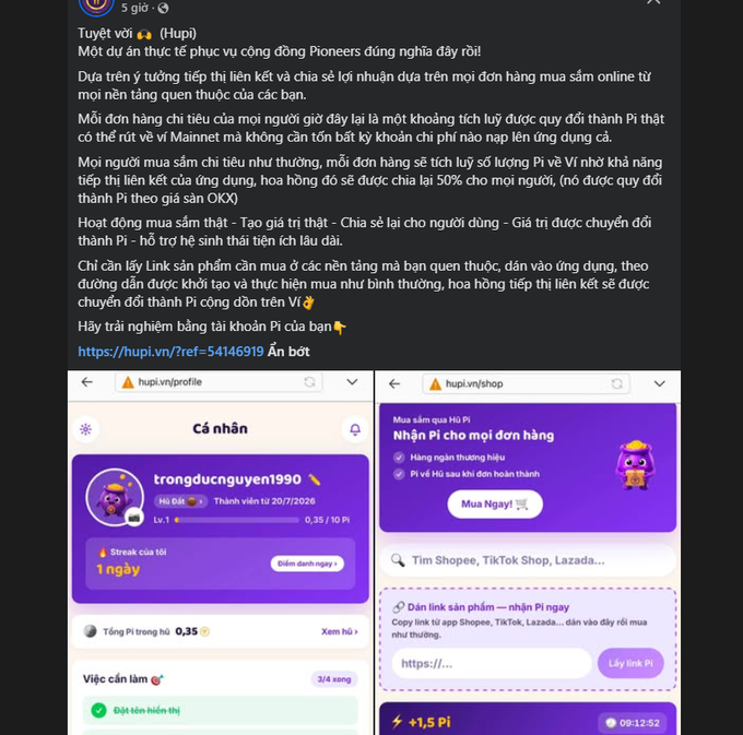 A Vietnamese Telegram post from Hupi promoting Pi coin earning through affiliate marketing and shopping, alongside screenshots of a user profile (trongducnguyen1990) and a Pi marketplace interface.