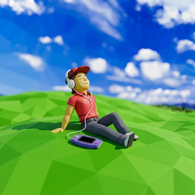 A 3D-rendered cartoon character wearing headphones, a red cap, and a red polo shirt relaxes on a vibrant green polygonal hillside while listening to a purple portable music player under a bright blue sky, embodying a chill gaming vibe that fits the "GM PLAYERS" theme of leisure and enjoyment.