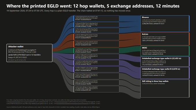 A blockchain transaction diagram titled 'Where the printed EGLD went: 12 hop wallets, 5 exchange addresses, 12 minutes' showing the flow of 8,923.78 EGLD from an attacker wallet to various exchanges like Binance, KuCoin, and MEXC.