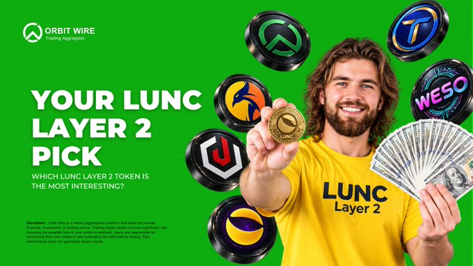 Advertisement for 'ORBIT WIRE Trading Aggregator' titled 'YOUR LUNC LAYER 2 PICK,' showing a smiling man in a yellow 'LUNC Layer 2' shirt holding a coin and cash, surrounded by various crypto token logos.