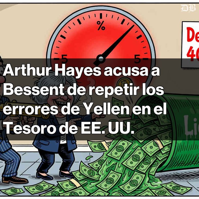 A cartoon image showing a Fed-like figure printing money with a large percentage meter in the background, overlaid with Spanish text: 'Arthur Hayes acusa a Bessent de repetir los errores de Yellen en el Tesoro de EE. UU.'