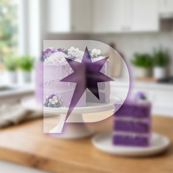 A purple frosted cake decorated with berries and flowers sits on a stand, with a purple star logo overlaid and a slice of cake nearby.