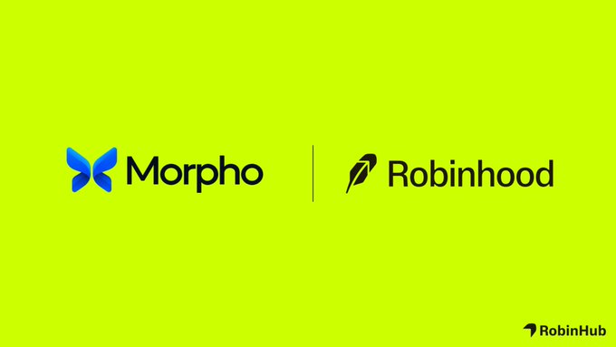 A bright green graphic displays the logos of "Morpho" and "Robinhood" side by side, separated by a thin vertical line, with a small "RobinHub" watermark in the bottom right corner—visually announcing the addition of the $MORPHO token to Robinhood's crypto platform.