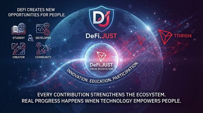 A promotional graphic titled "DeFi.JUST" and "TRON ECOSYSTEM" with the slogan "INNOVATION. EDUCATION. PARTICIPATION." displayed over a digital globe background, featuring icons for students, developers, creators, and community members.