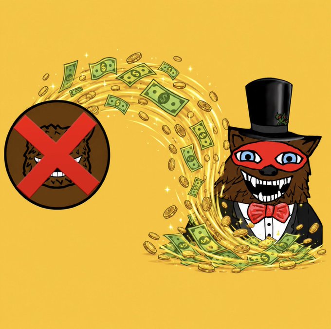 A cartoon illustration on a yellow background showing a furry character in a top hat and red mask surrounded by swirling gold and dollar bills, with a crossed-out badge next to it.