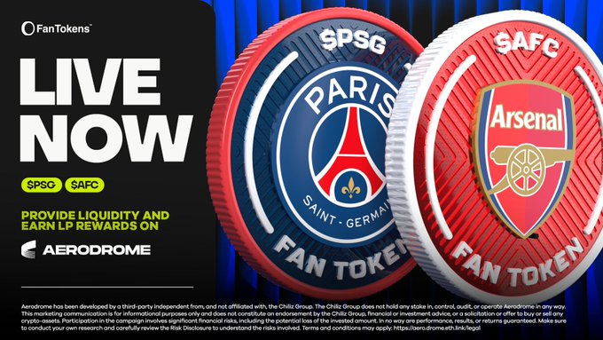 The image shows two coins, one with a soccer player on it representing Arsenal, and another featuring the goalkeeper representing PSG. These coins are displayed against a blue background on a poster for Fan Tokens. The poster advertises "Live Now" availability of these tokens and provides details about earning rewards by depositing a specific amount into their respective pools.
