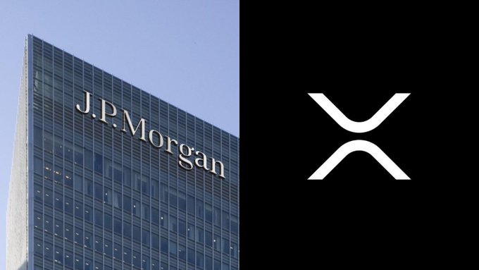 A side-by-side image showing J.P. Morgan's corporate skyscraper logo on the left and the XRP (Ripple) cryptocurrency symbol on the right, illustrating the post's theme of a JP Morgan analyst's prediction that most XRP holders will sell before reaching the $100 price target.
