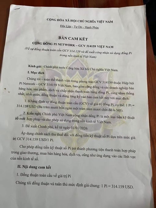 A document titled "BẢN CAM KẾT" (Commitment Agreement) from "CỘNG ĐỒNG PI NETWORK – GCV 314159 VIỆT NAM," stating a fixed exchange rate of 1 Pi = 314.159 USD and requesting government approval to legalize Pi as a digital payment method in Vietnam by 01/01/2026. The accompanying post warns Pi miners that this agreement is circulating in "Dirty Pi Groups" and appears to be a scam, urging caution about its legitimacy.
