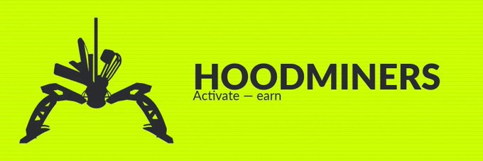 A green and black logo for "HOODMINERS" featuring a silhouette of a hooded figure sitting with a mining pick and shovel, with the tagline "Activate - earn".
