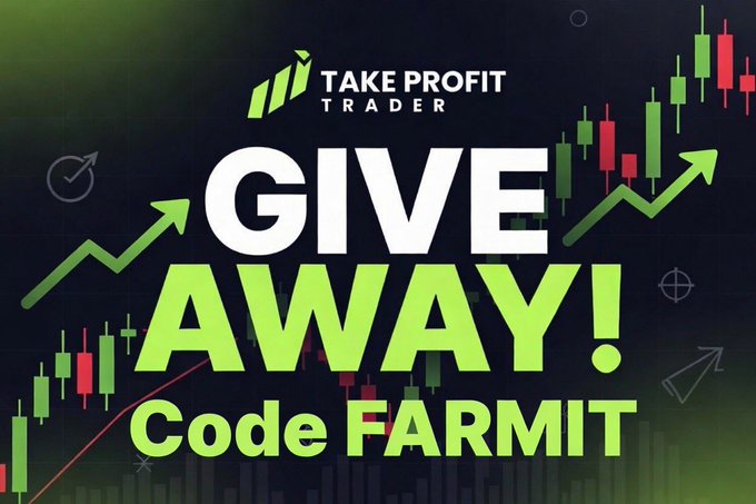 A promotional graphic for a Take Profit Trader giveaway, featuring the text "GIVE AWAY! Code FARMIT" displayed over a background of green and red candlestick charts with upward trending arrows. The image visually reinforces the post's announcement of three 50k evaluations from TakeProfitLLC along with the 40% discount code "FARMIT."