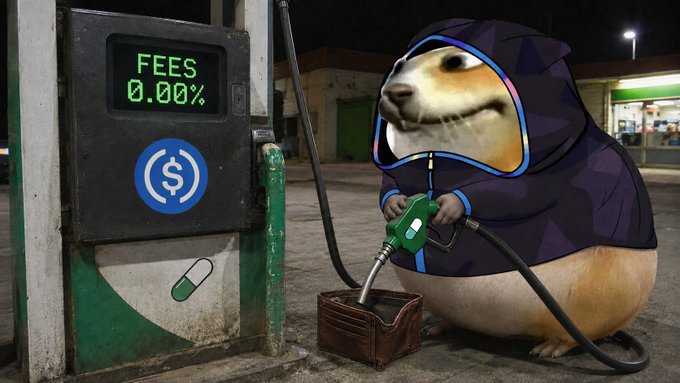 A digitally edited meme shows a dog in a purple geometric-patterned hoodie pumping gas from a pump displaying 'FEES 0.00%' into a small wooden box on the ground.
