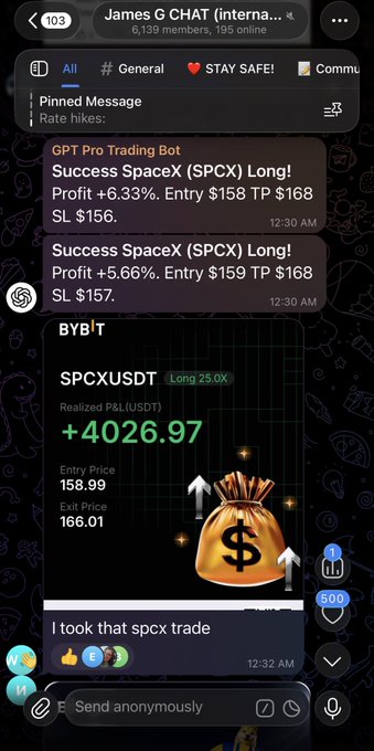 A screenshot of a Telegram chat showing trading bot results for SpaceX (SPCX) Long positions with profits of +6.33% and +5.66%, plus a message indicating a realized profit of +4026.97 USDT.