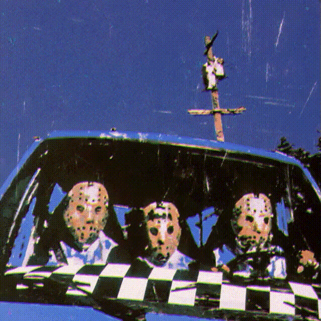 A grainy, retro-styled image showing three figures wearing hockey masks inside a car with a checkered dashboard, with another figure impaled on an antenna.