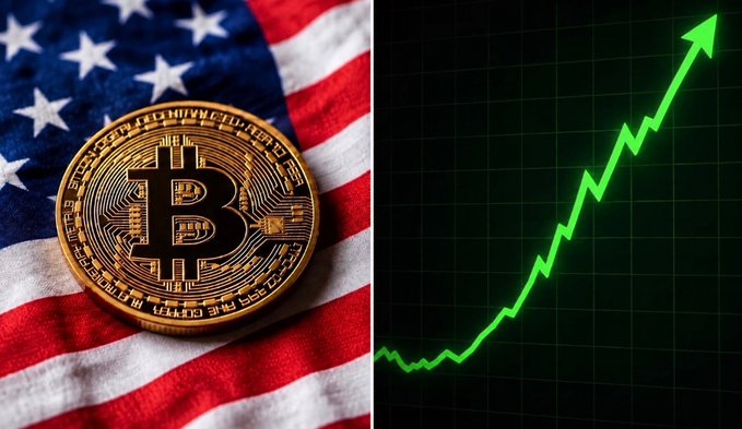 A split image showing a physical Bitcoin coin resting on the American flag on the left, and a glowing green ascending arrow on a dark grid chart on the right, symbolizing a bullish price trend. The image visually reinforces the post's implication that advancing pro-crypto legislation—the CLARITY Act and a Strategic Bitcoin Reserve committee vote—could drive significant upward momentum in cryptocurrency prices.