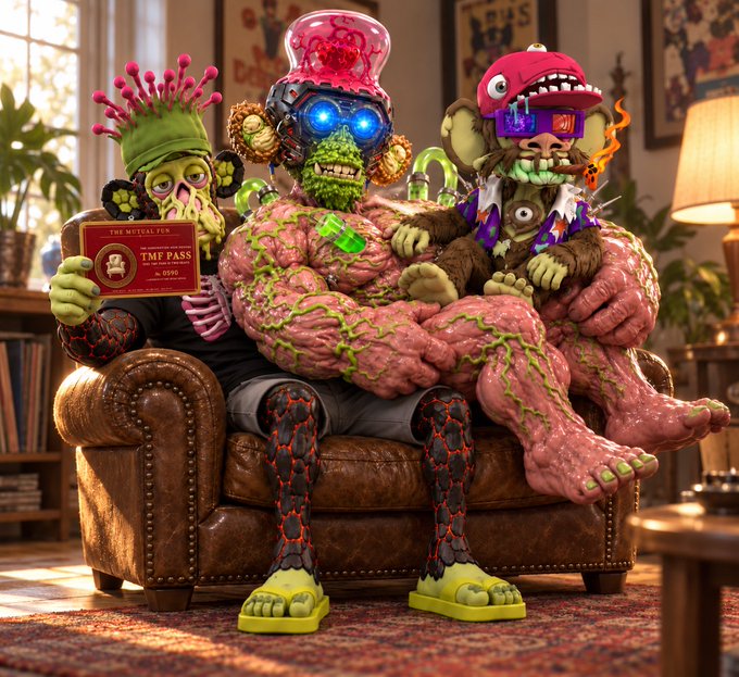 A surreal 3D render of grotesque, fungus-infested mutant characters lounging on a leather couch, with one holding a 'TIME PASS' card reading 'The Mutant.fck'.