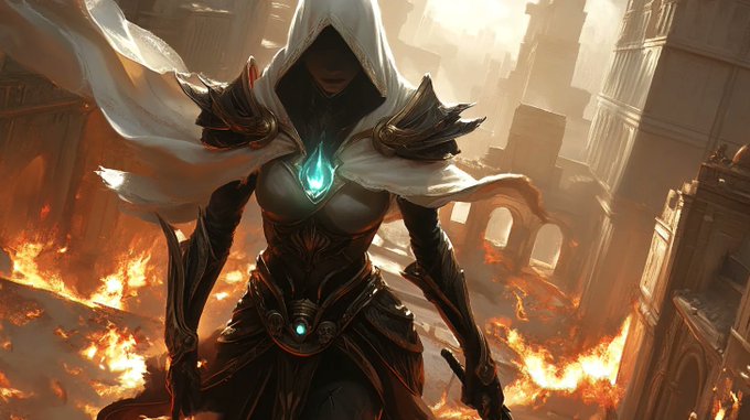 The image features a woman dressed as a medieval warrior, wearing a white hooded cloak and holding a sword. She stands in front of a burning cityscape with flames licking at the buildings. The background includes a gray sky and a large building that appears to be on fire. The caption below the image reads "Let' s bring back some memories quote with the first game you played on Immutable Mine".