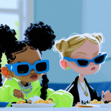 An illustration of two stylized children with braided hair buns wearing bright blue sunglasses, sitting together and eating popcorn.