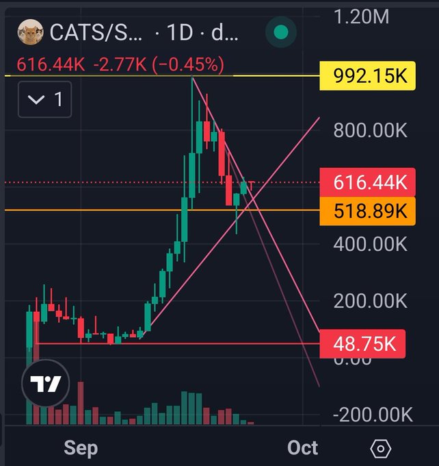A trading chart for 'CATS/S...' showing a 1-day price of 616.44K, down -2.77K (-0.45%), with candlesticks, technical analysis trendlines, and horizontal support/resistance levels marked at 992.15K, 518.89K, and 48.75K.