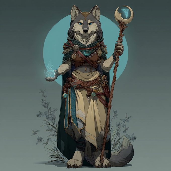 A fantasy illustration of an anthropomorphic wolf character in robes holding a staff with a crescent moon and a glowing blue crystal.