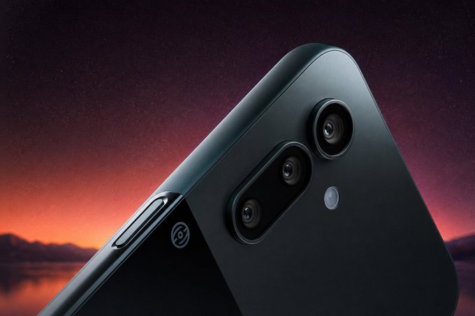 A close-up product shot showcases a sleek black smartphone with a dual-camera setup against a dramatic sunset backdrop, representing the Solana Mobile "Seeker" device being promoted in the post. The image highlights the phone's premium design while visible text appears minimal, focusing attention on the hardware that anchors the Solana Mobile ecosystem discussion.